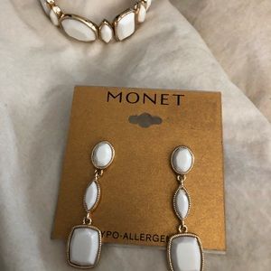 Monet Goldtone White Stretch Bracelet & Earrings